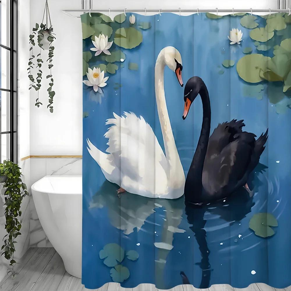 Czarno-biały łabędź pływający zasłona prysznicowa, dekoracyjna zasłona prysznicowa do łazienki, wodoodporna zasłona prysznicowa z haczykami