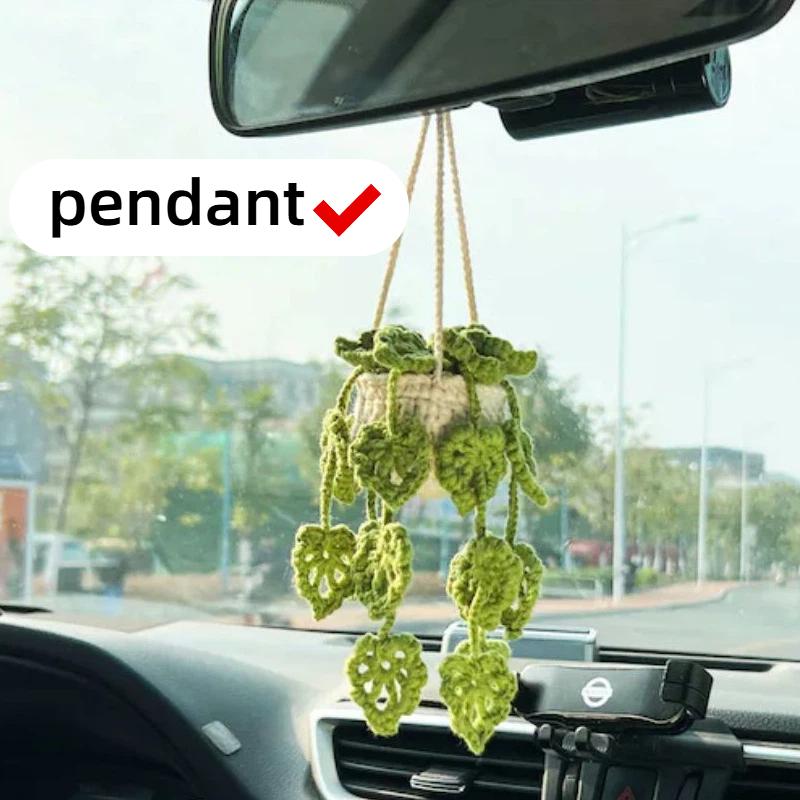 Hand Woven Plant Baskets Car Decor Yarn Hooks Woven Plants Potted Plants Car Pendants Cute Car Interiors Kawaii Room Decoration