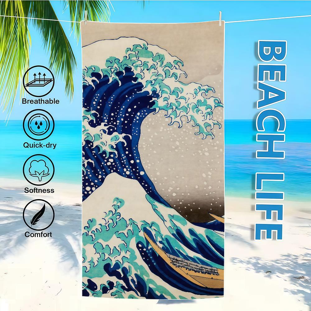

Towel Textile Bathrobe Beach Quick-Drying Lightweight Portable Great Camping Swim Pool Hokusai Wave Travel W30*H60(CM)