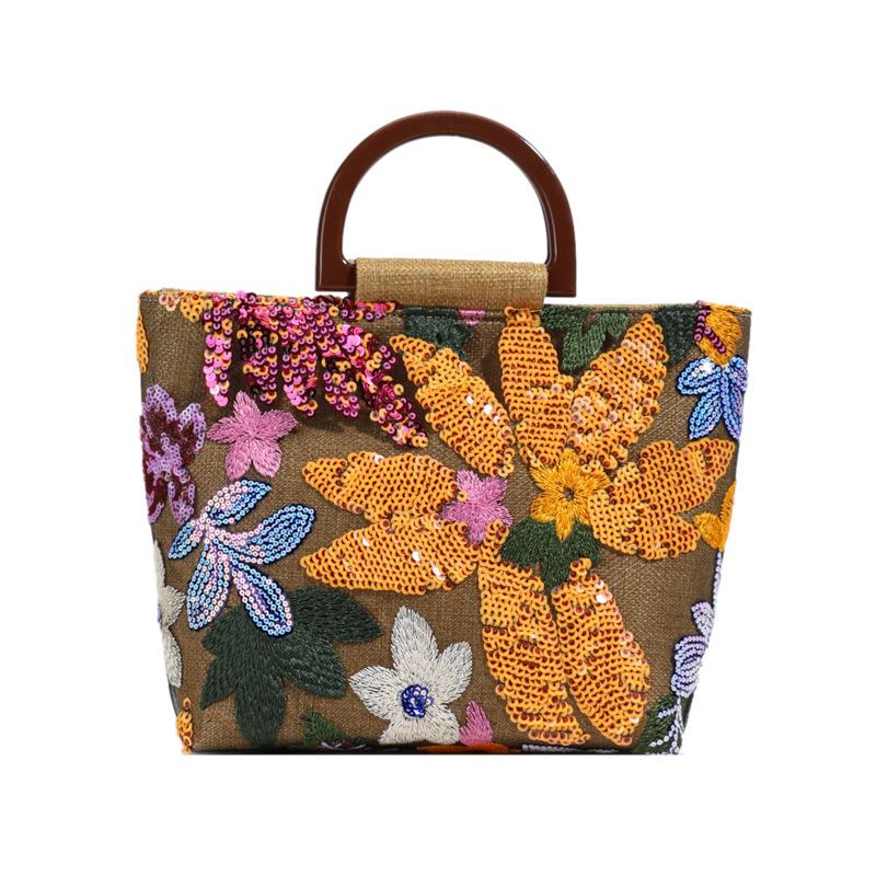 Summer New Arrival Bamboo Handle Elegant Colorful PVC Sequins Linen Embroidery Handheld Tote Bag for Women - Versatile
