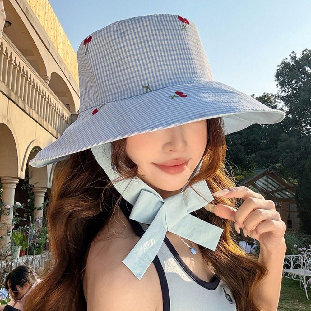 Lace Summer Sun Hat Ribbon Embroidered Cherry Bucket Hat Fashion Sunscreen Visor Cap  Travel