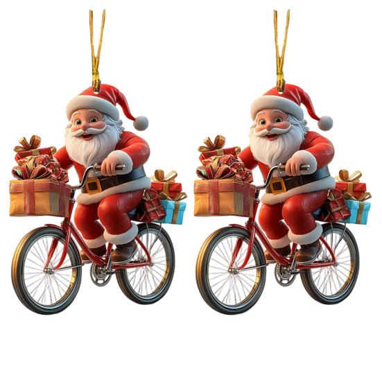 Double Sided Printed Tree Ornaments 2Pcs Christmas Santa Riding Bicycle Acrylic Hanging Ornament, Car Interior Rearview Mirror Charm, Holiday Backpack