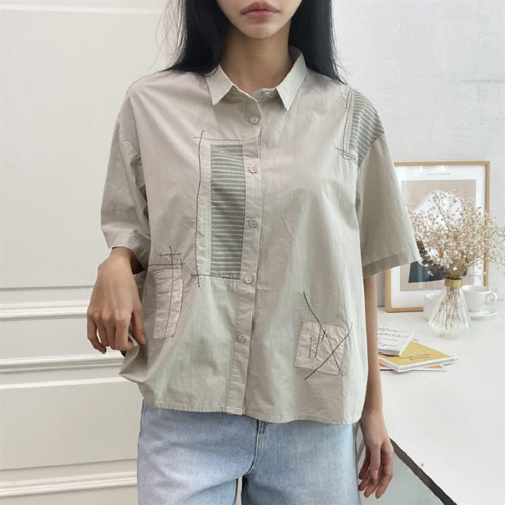 New Arrivals Open Run Women Loose Fit Cotton Stitch Design Short Sleeve Shirt