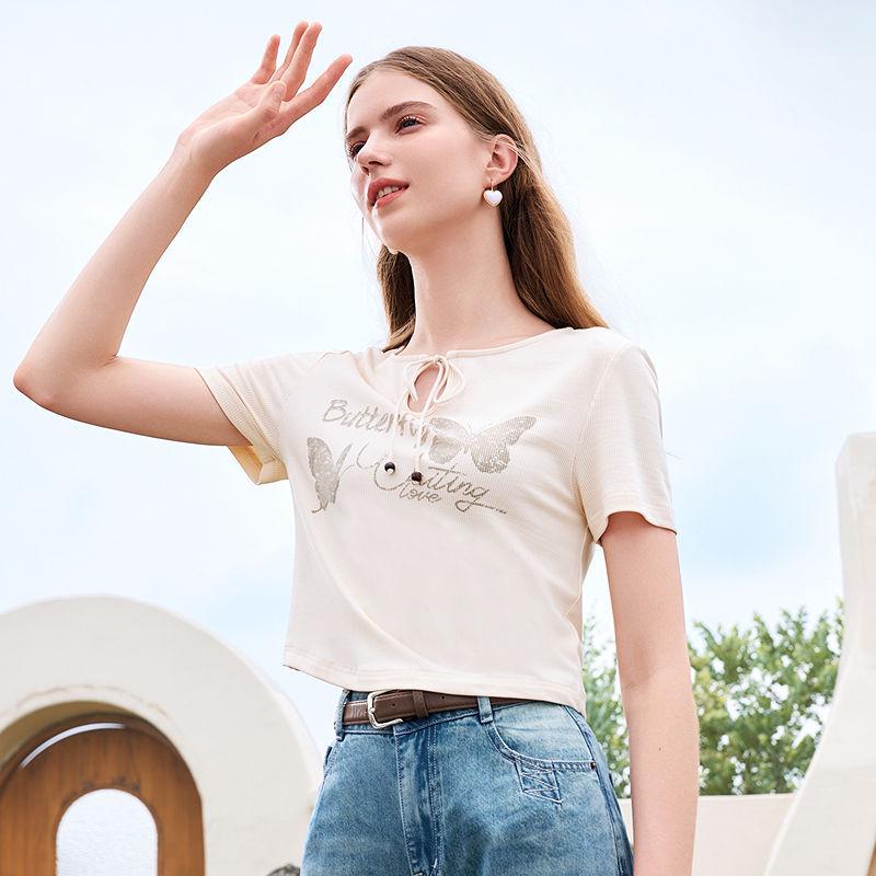 Women's Petite Chic Butterfly Print Round Neck Slim Fit Short Sleeve Summer 2025 Top