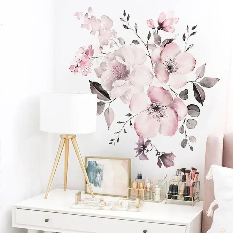 Watercolor Pink Flower and Leaf Combination Wall Stickers Home Background Decoration Stickers Removable Self-adhesive Mural