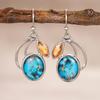 Hand Curved Open Frame Oval Copper Turquoise Marquise Yellow Gem Drop Earrings Silver Tone Artisan Craft Bohemian Ladies Accessories
