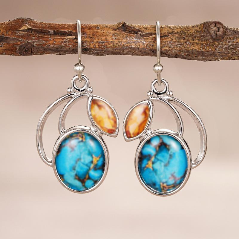 Hand Curved Open Frame Oval Copper Turquoise Marquise Yellow Gem Drop Earrings Silver Tone Artisan Craft Bohemian Ladies Accessories