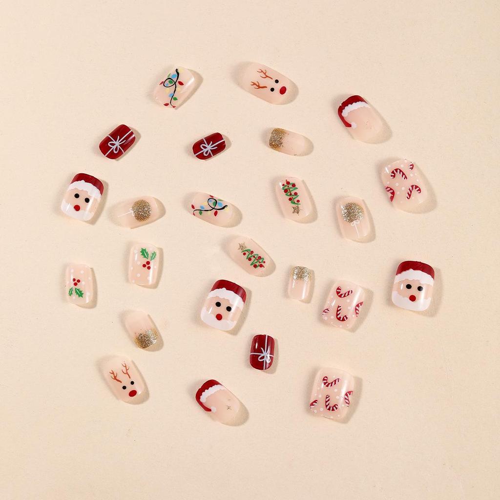 Festive Short Square Christmas Press-On Nails: Red Santa Hat, Santa Claus, Christmas Tree, Bow, Reindeer Designs