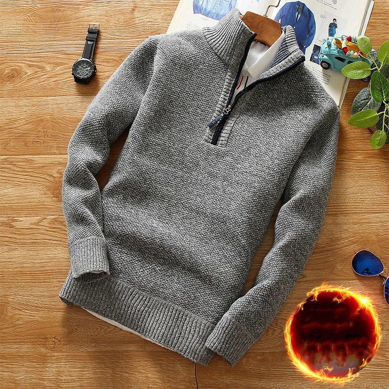 Pánský podzimní a zimní fleecový svetr na půl zipu, mladistvý slim pulovr, pletená bunda