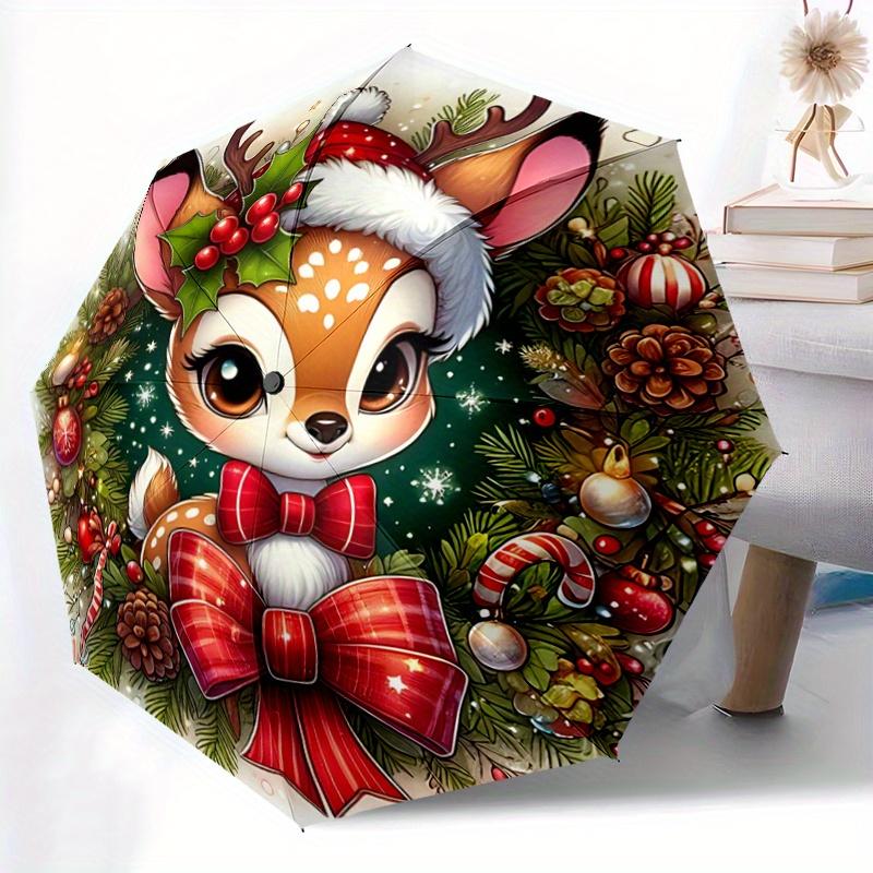 1pc Christmas Plum Deer Automatic Folding Umbrella - 3 Folding Design, Vivid Cartoon Pattern, Suitable for Outdoor Activities, A Gift for Fa