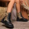 Moda 2024 Moda Zapatos de Mujer Cordones Delanteros Botas de Mujer Venta Caliente Estampado Leopardo Oficina y Carrera Nuevas Botas de Media Caña de Punta Redonda