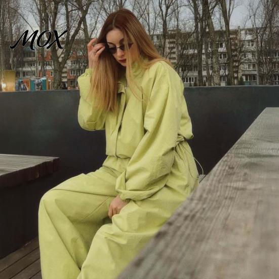 Women Casual Jacket Sets Pants Set for Fall, Stand Collar Zip-Up & Drawstring Loose Fit Clothing Waist Wide Leg Pants, Two Piece Matching Suit