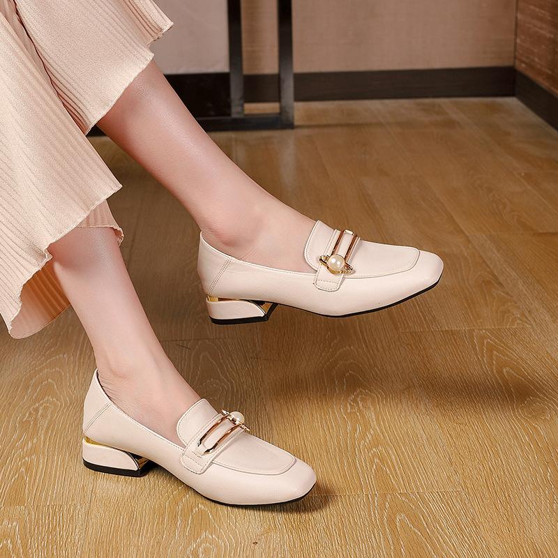 Square Toe Shallow Mouth Single Shoes Women  New Summer All-match Soft Leather Thick Heel High Heels Women
