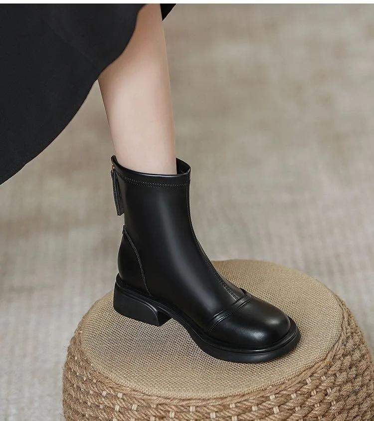 Fashion Ankle Boots for Women Fall/Winter Black Round Toe Low-heeled Zipper Booties British Style Chunky Heel Non Slip Women Botas Mujer