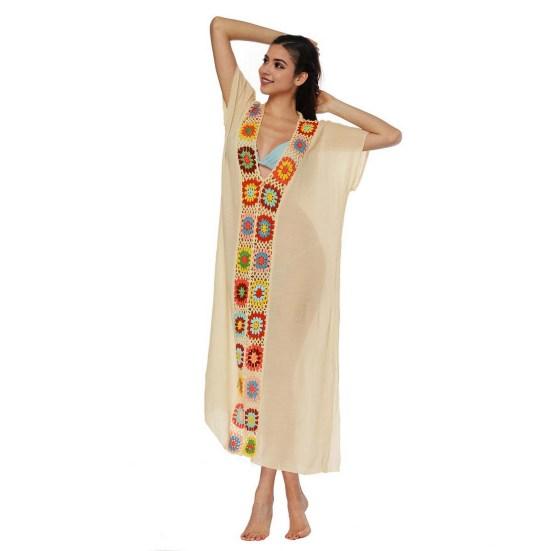 Women Summer Cover Up Dress V-Neck Short Sleeve Crochet Flower Decor See-through