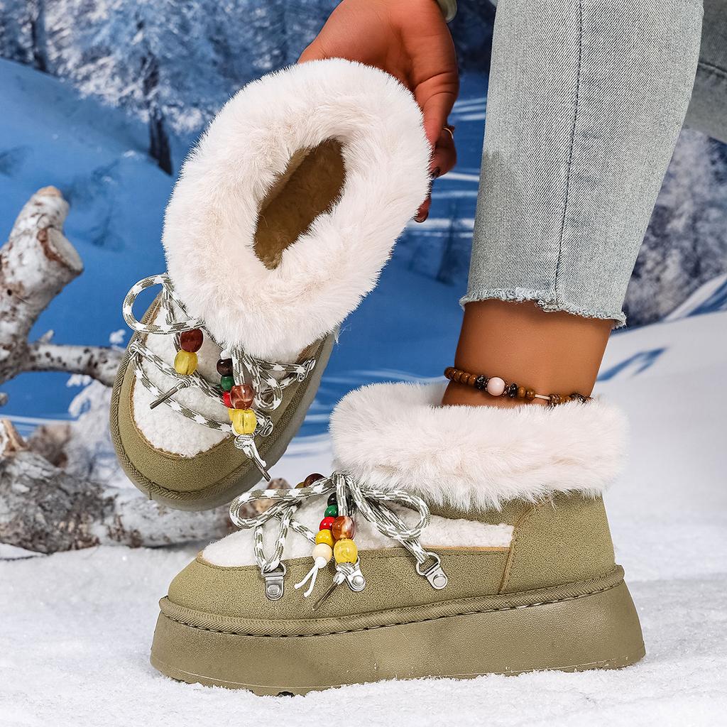 Fashion Fluffy Platform Snow Boots Women Winter 2025 String Bead Decor Faux Fur Cotton Shoes Woman Thick Plush Warm Ankle Boots