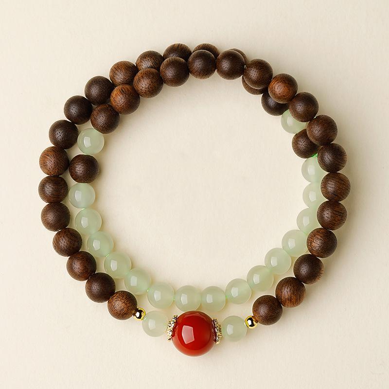 Agarwood & Hetian Jade Women's Bracelet Gift: Half Mountain Half Water Design with Lucky Southern Red Beads