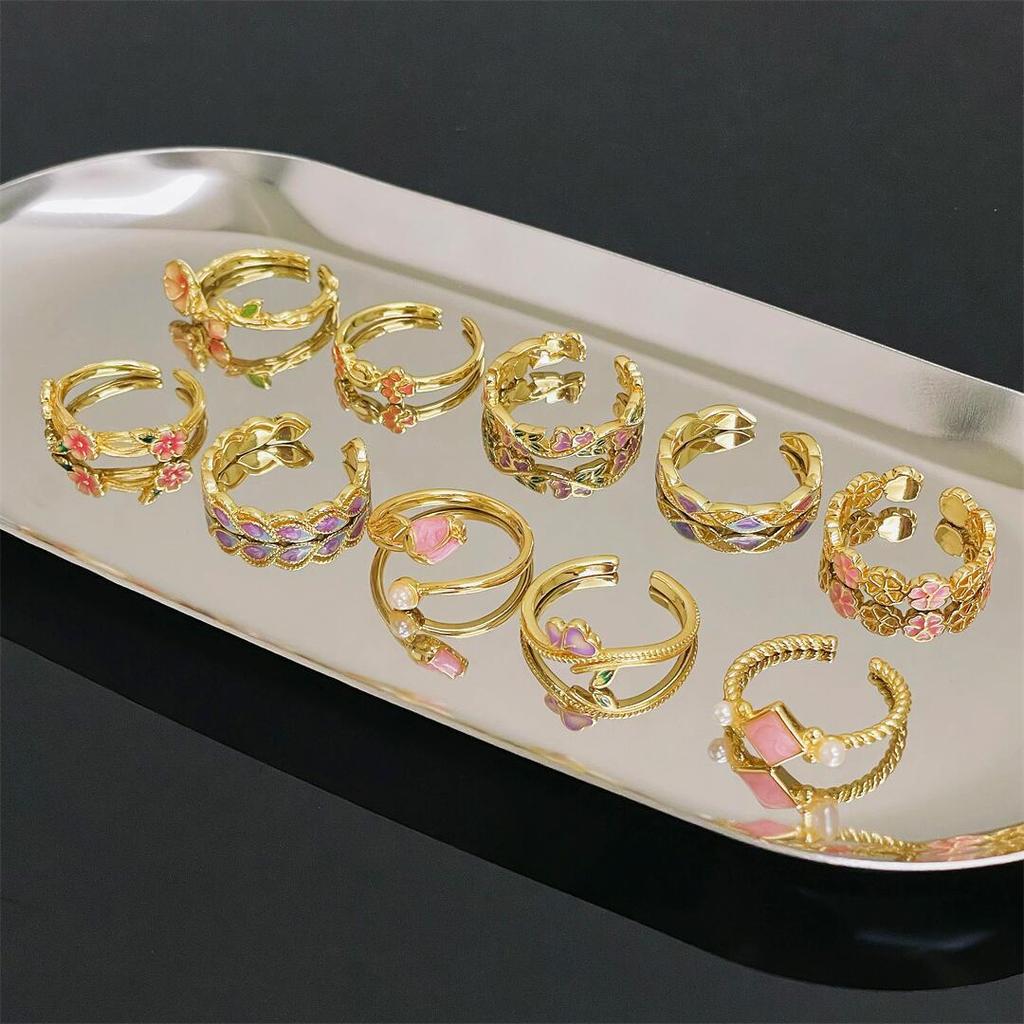Gold Medieval Enamel Dripping Open Ring Flower Retro Ethnic Color National Style Personalized Luxury Ring