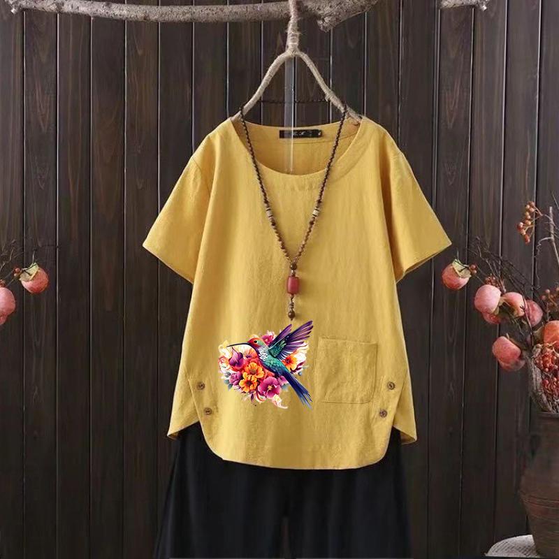 New Bird Print V-neck Cotton Hemp T-shirt for Women - 2025 Summer Light & Stylish