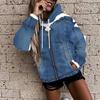 New Blue Denim Print Hooded Sweater Women's Fashion Wear Pleated Design Jumper Jacket