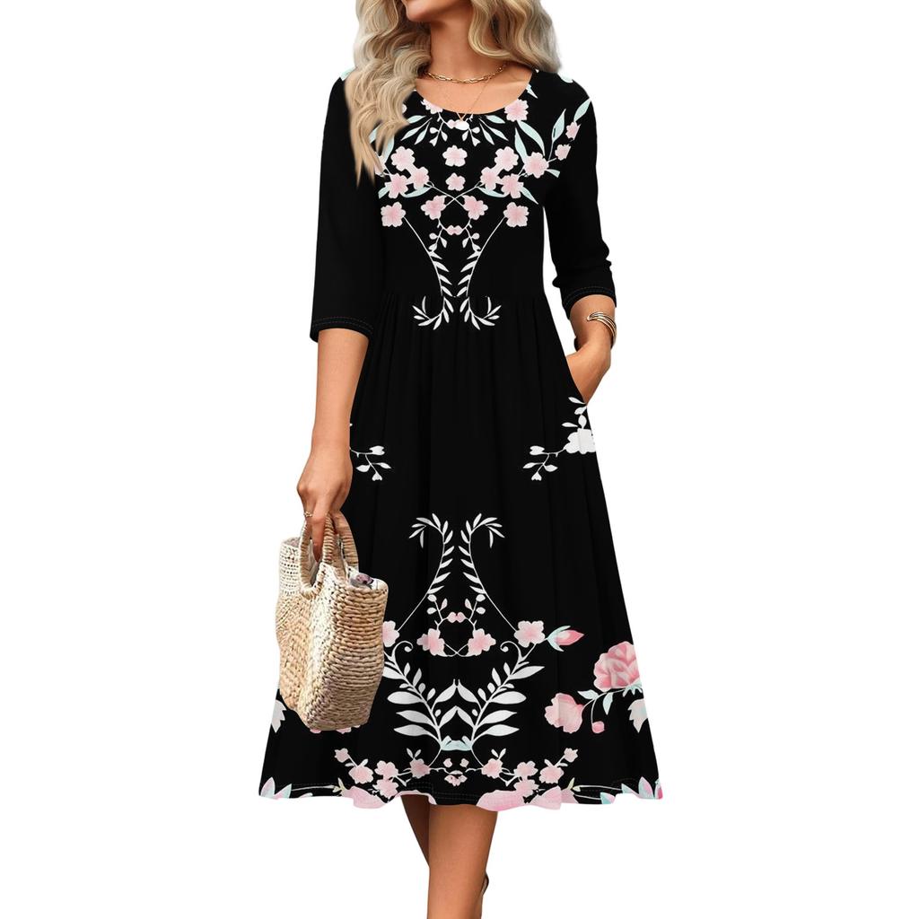 3/4 Sleeve Women's Dress Casual Flowy A-Line Midi Tshirt Dresses With Pockets Crewneck Vocation Boho Beach Sundress