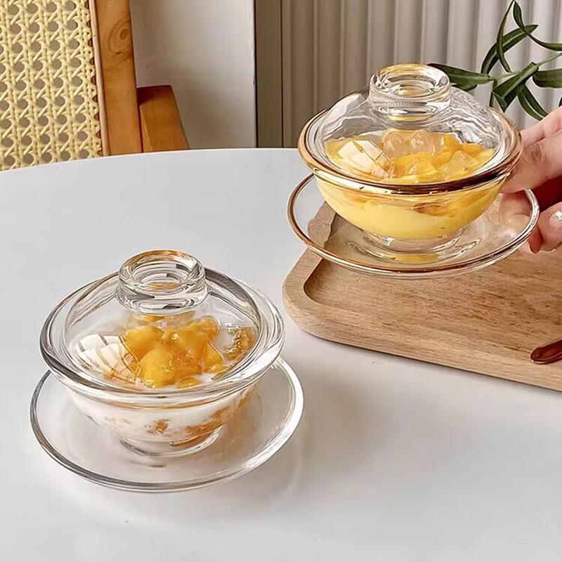 Yu Jing Glass Bird's Nest Dessert Bowl Set with Gold Rim - Heat Resistant and Transparent, Includes Lid