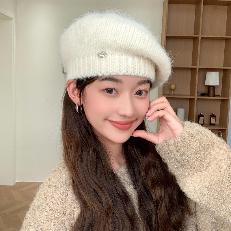 Women's Korean Style Woolen Beret: Versatile, Solid Color, Knitted, Warm, Windproof, with Metal Label for Autumn and Winter