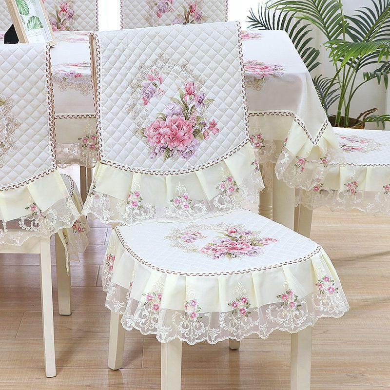 1pcs European Style Countryside Embroidery Dining Chair Covers Quilted Anti Slip Lace Ruffle Edge Chair Cushion Home Restaurant Fabric Decoration