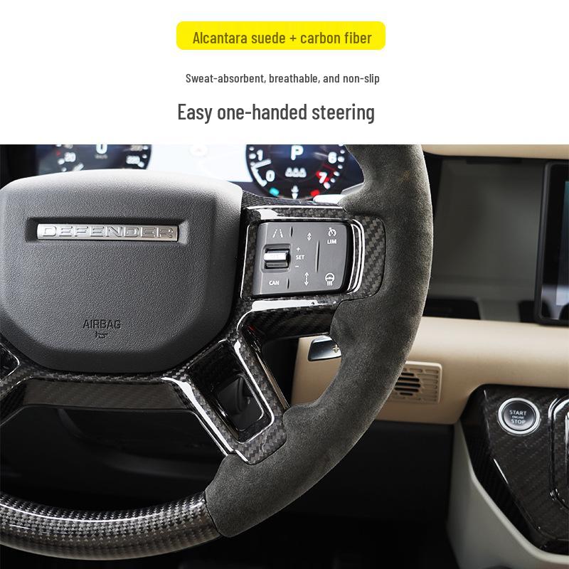 Compatible with 2020+ Land Rover Defender 110/90: Carbon Fiber Nappa Steering Wheel with Alcantara Paddle Shifters & Clock Spring.