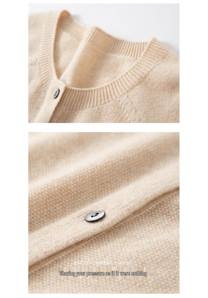 Women's 100% Pure Cashmere Round Neck Cardigan - Autumn/Winter, Loose Fit, Solid Color, Cozy Knit Sweater.