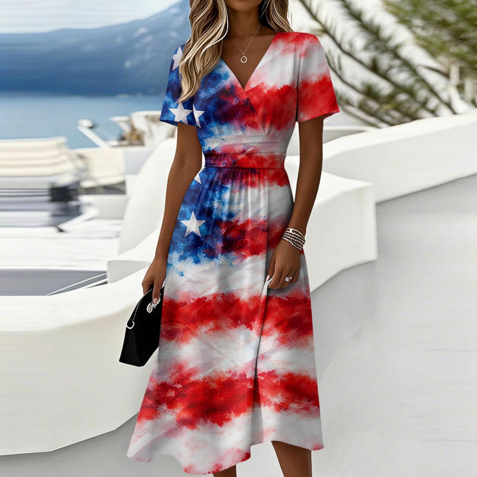 

Women s Independence Day Print Casual Fashion Short Sleeve V-Neck Dress XL білий
