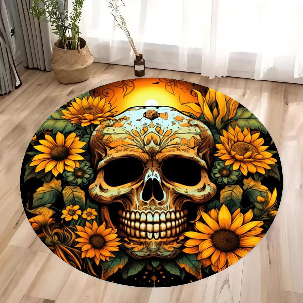Halloween Terrifying Rose Skull Round Carpet Gothic Rose Carpet Bedroom Living Room Decoration Halloween Gift