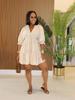 TW748 Casual V-neck Loose Waist Pleated Dress with Three-quarter Sleeves and Wide Hem for Women
