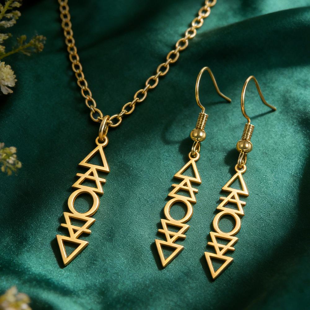 Dawapara Vier Elemente Halskette Ohrringe Schmuckset Wasser Feuer Luft Erde Symbole Alchemistisches Anhänger Edelstahl Schmuck