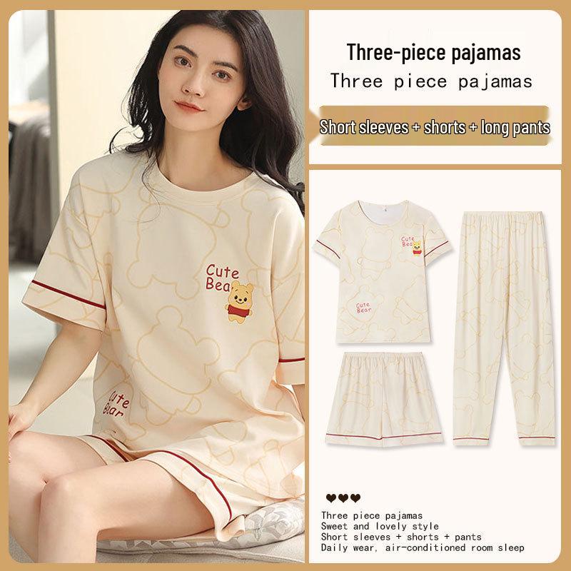 Women's Loose Summer Cartoon Pajama Set: Cute Short Sleeve Top & Long Pants for Spring/Autumn