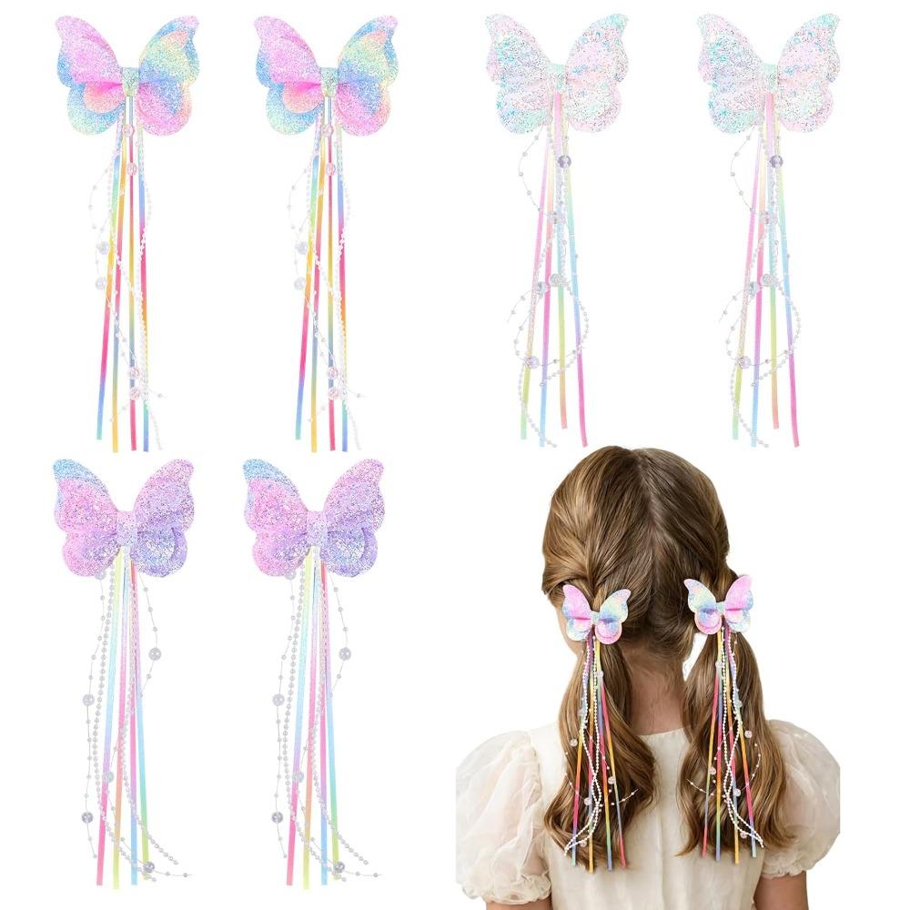 2Pcs Glitter Butterfly Hair Clips Long Tassel Kids Barrette Performance Accessories