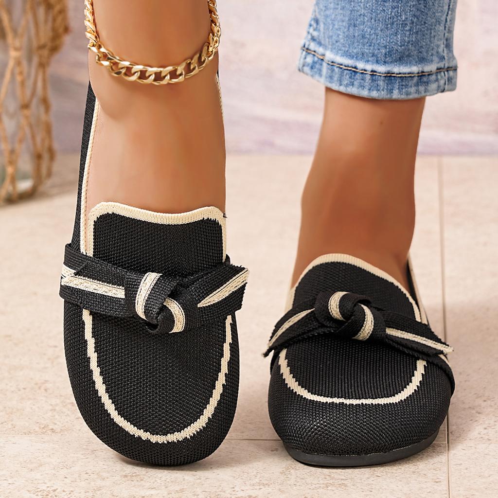 Women's Wide Width Bow Detail Flyknit Flats - Round Toe Slip-On Casual Shoes for Fall, Comfort Breathable Loafers