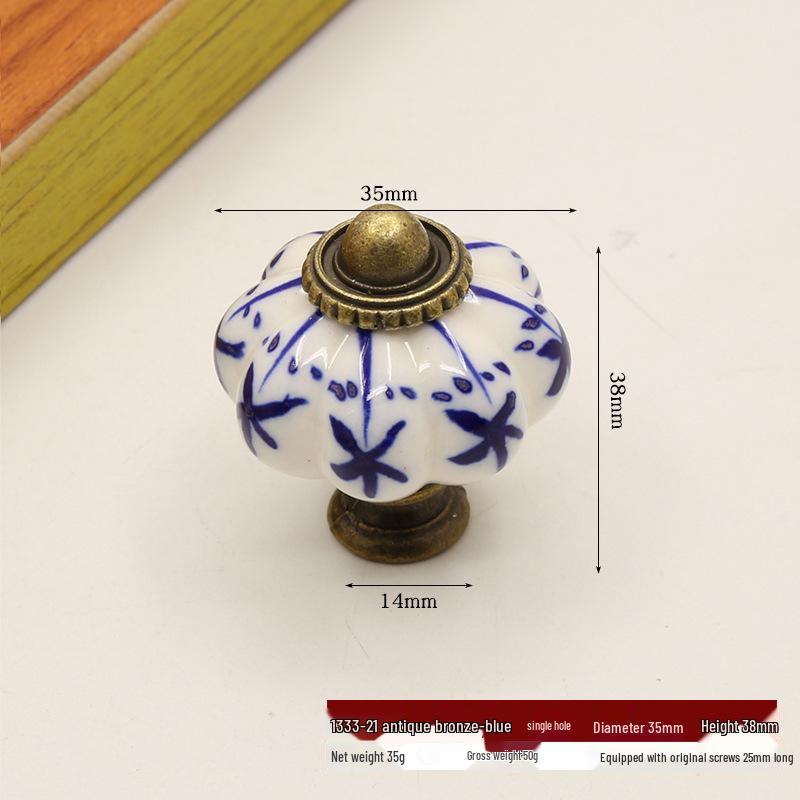 Hand-Painted Pastoral Blue and White Ceramic Pumpkin Drawer Pull