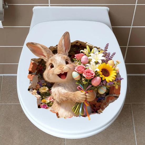 Yousheng Broken Hole Bunny Toilet Sticker Waterproof Self-adhesive PVC Living Room Bathroom Wall Art Egg Flower Rabbit Toilet Seat Lid Decoration