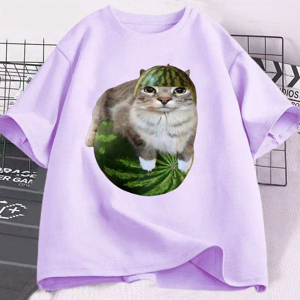 Watermelon Cat Silly Cat Funny Meme T Shirts Men's Women Clothing Casual Cotton T-shirt Fashion Short Sleeve Oversized T-shirts