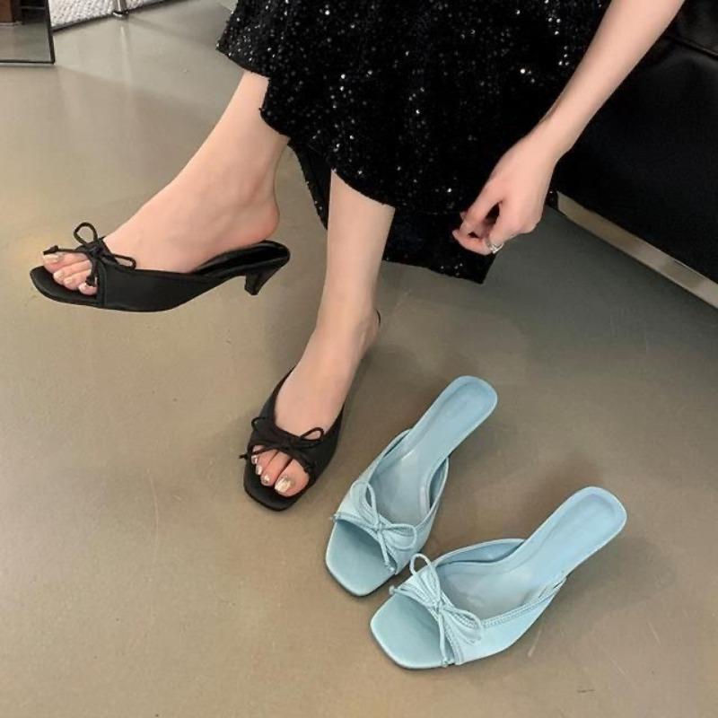 Fashion New Comfortable Low Heel Square Head Sandals Sweet Bow Silk Thick Heel Slippers for Ladies Outwear Blue Slides