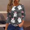 Women’s Three Quarter Sleeve Round Neck Loose Fit Casual Shirt with Halloween Themed Print Pullover Top for Daily Wear
