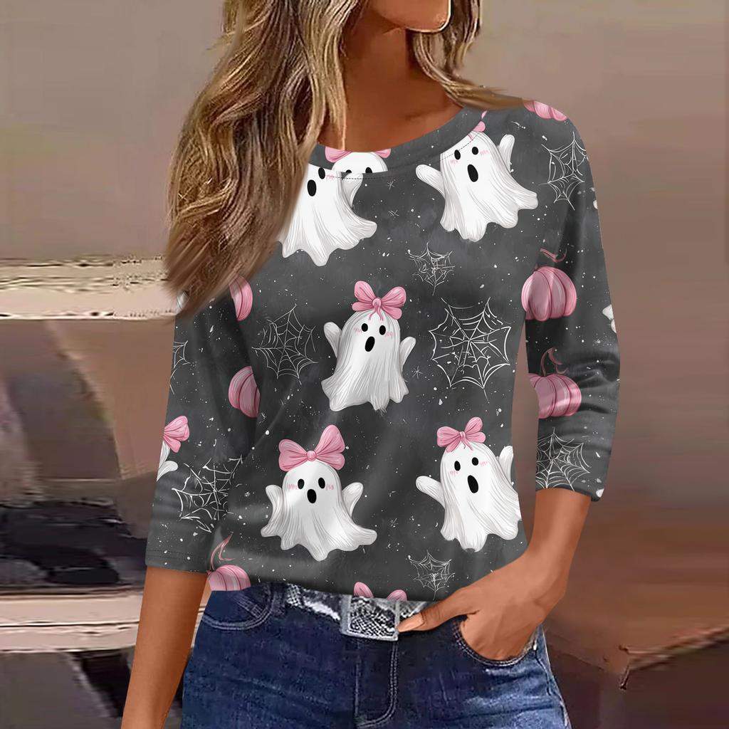 Women’s Three Quarter Sleeve Round Neck Loose Fit Casual Shirt with Halloween Themed Print Pullover Top for Daily Wear