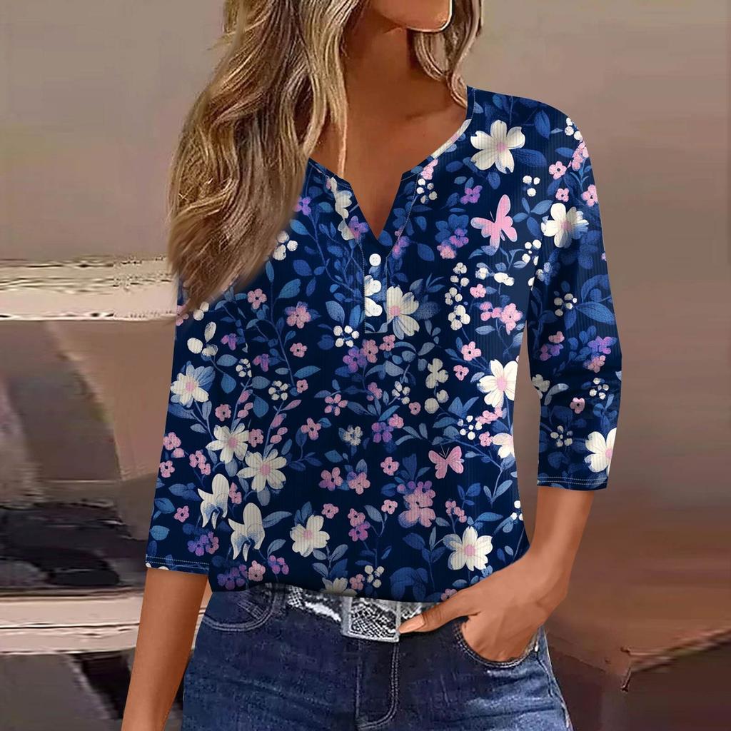 Dámské tričko tričko potisk knoflík 3/4 rukáv tunika denní víkendová móda základní výstřih do V běžný top