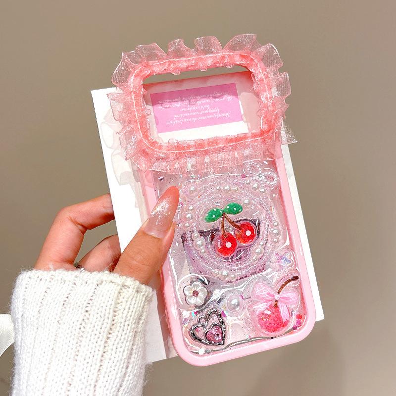 Applicable to Apple 17Pro max mobile phone case 16Promax lace cherry transparent ins wind 15 protective case