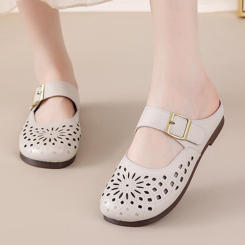 Fashion New Arrival Genuine Leather Sandal Womens Clogs Slip on Mules Closed Toe Sandals Woman Elegant Summer Flats Comfortable Shoe Mom