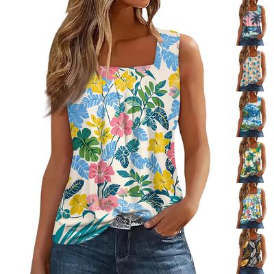 Women's Summer Casual Pleated Square Neck Sleeveless Tank Top Printed T-Shirt