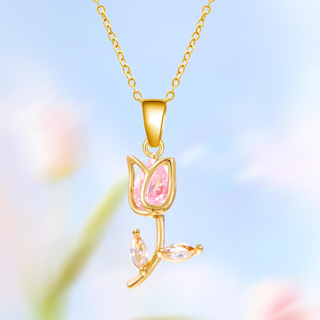 Light Luxury Zircon Tulip Flower Pendant Necklace for Women Elegant Stainless Steel Clavicle Chain Fashion Party Jewelry Gift