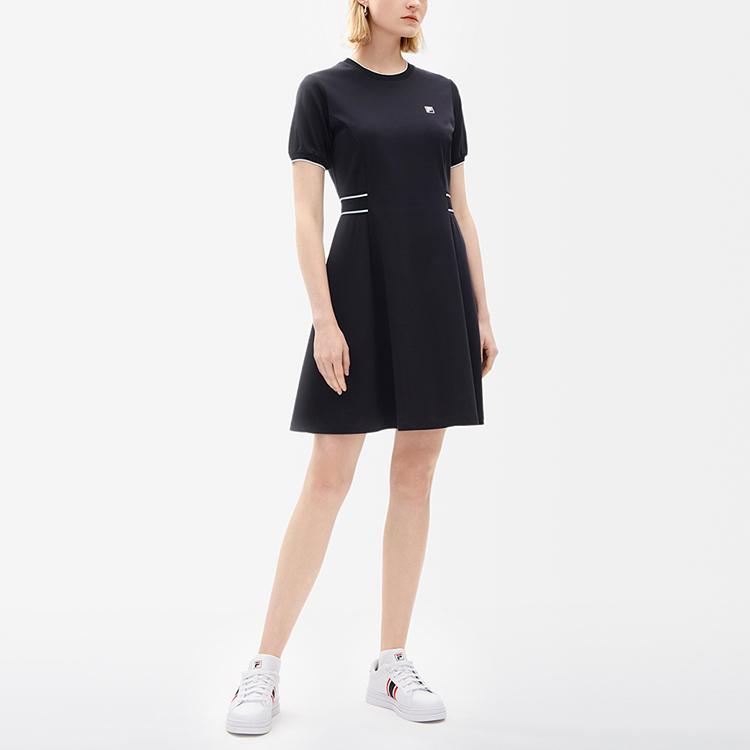 Fila Solid Color Logo Elegant Sports Casual Breathable Knitted A-Line Short Sleeve Dress Women Dresses Legendary-Blue F11W237308FNV