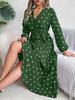 Robe imprimée à col en V et à superpositions, moulante, élégante, plissée, à pois ondulés, manches longues, ample, décontractée